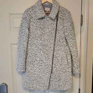 LOFT Women's White and Black Boiled Wool Coat With Offset Zipper